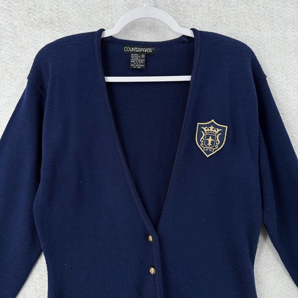 Vintage Counterparts Cardigan Sweater Womens SMALL‎ Navy Blue Crested Logo Wool - Picture 3 of 14